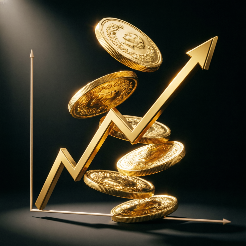 Financial growth concept with gold coins and upward trending chart