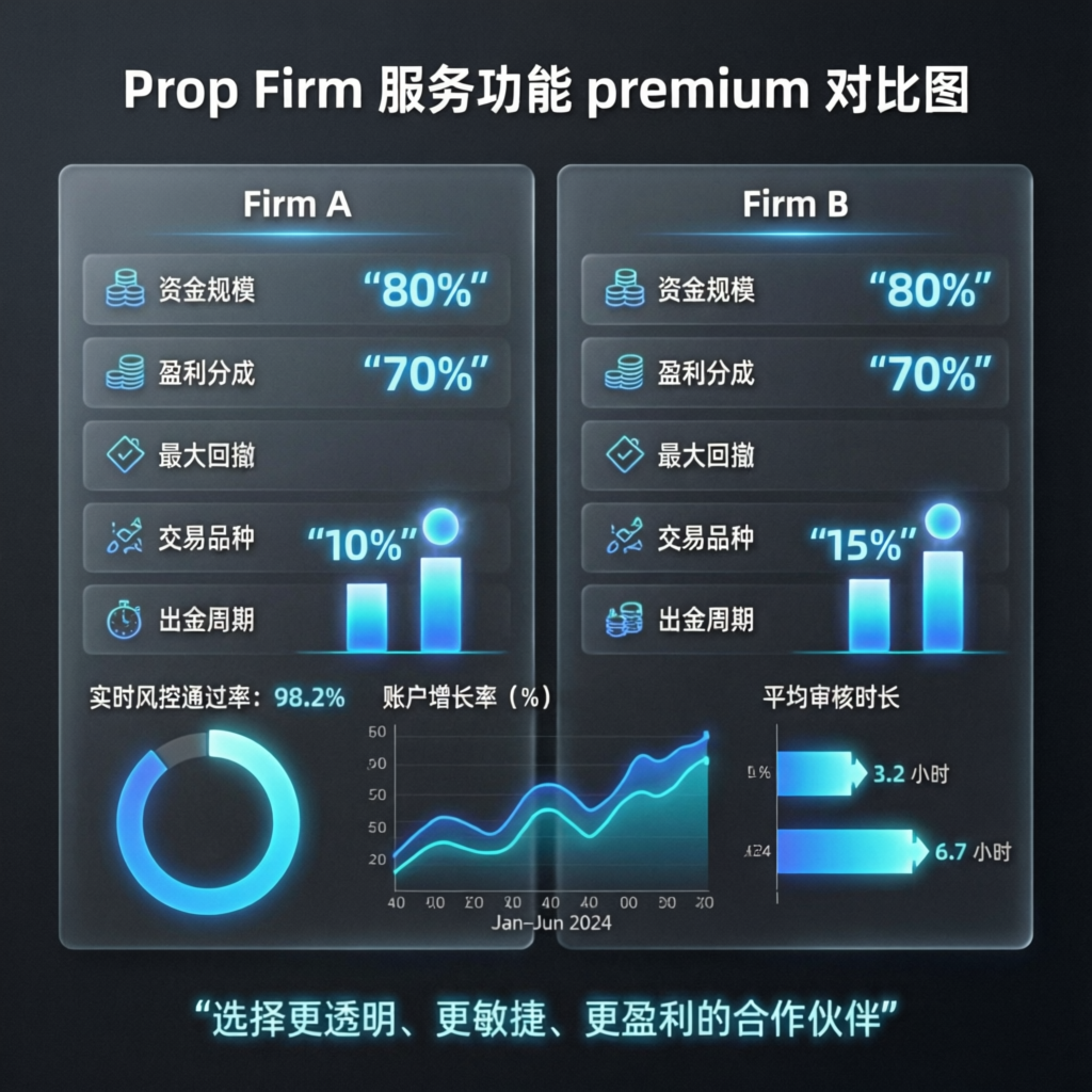 Premium comparison infographic showing prop firm features side by side