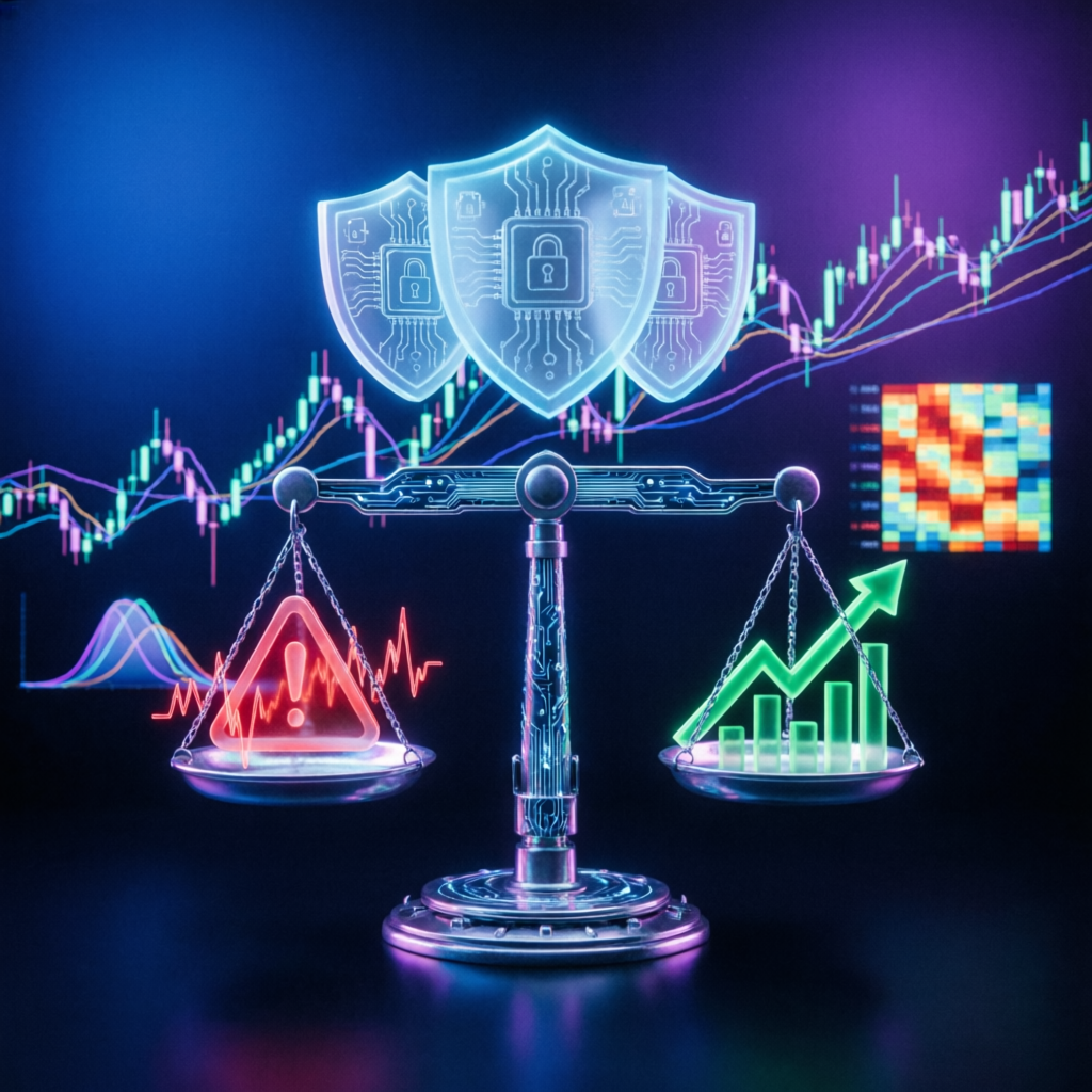Advanced risk management visualization with balanced scales for prop firm trading protection