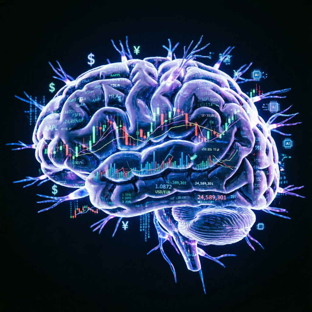 AI brain with financial data representing advanced prop firm passing service technology