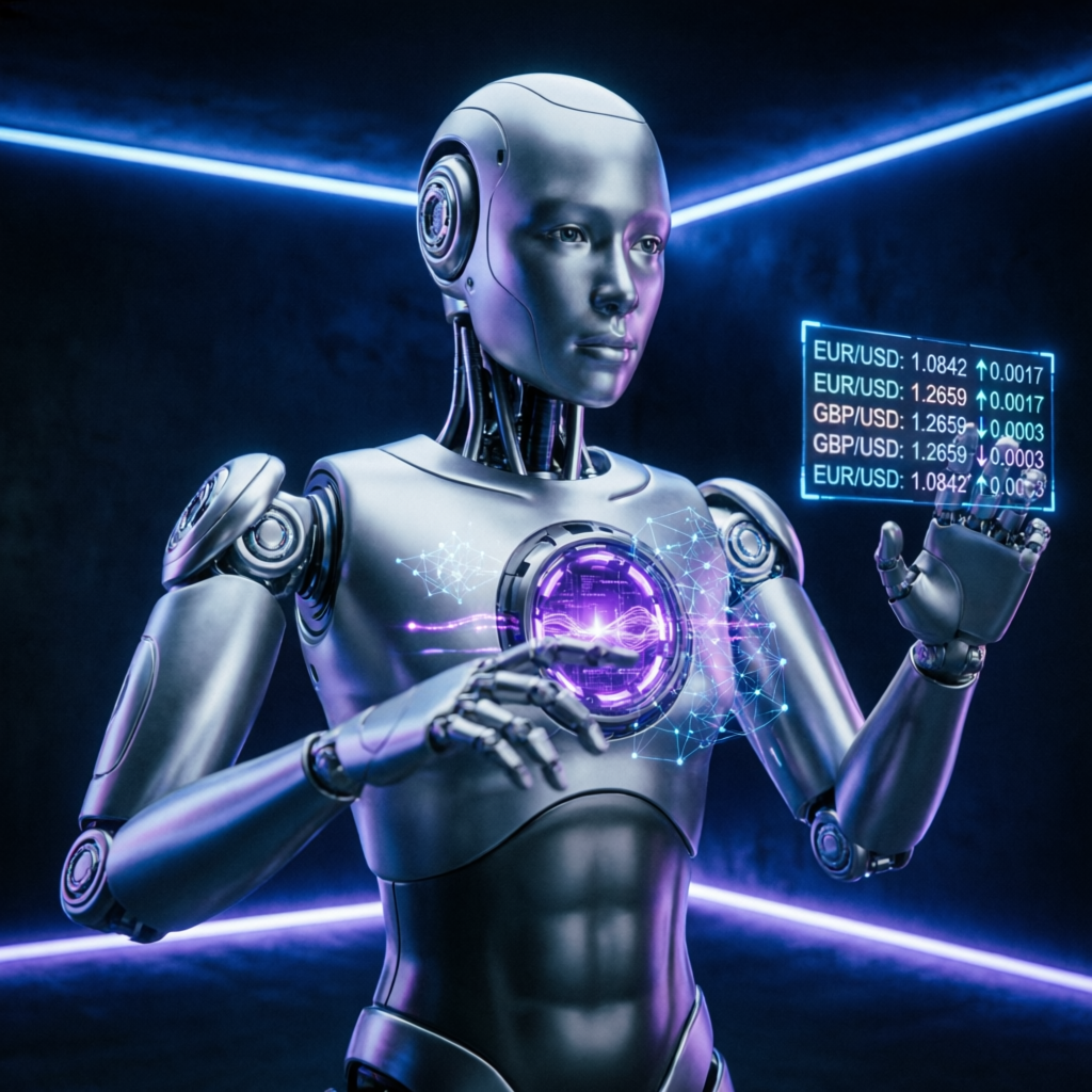 Advanced AI trading robot executing automated forex trades for prop firm challenges