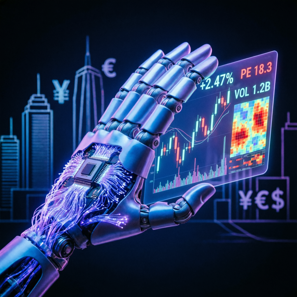 AI robot hand analyzing Topstep trading data for prop firm passing service