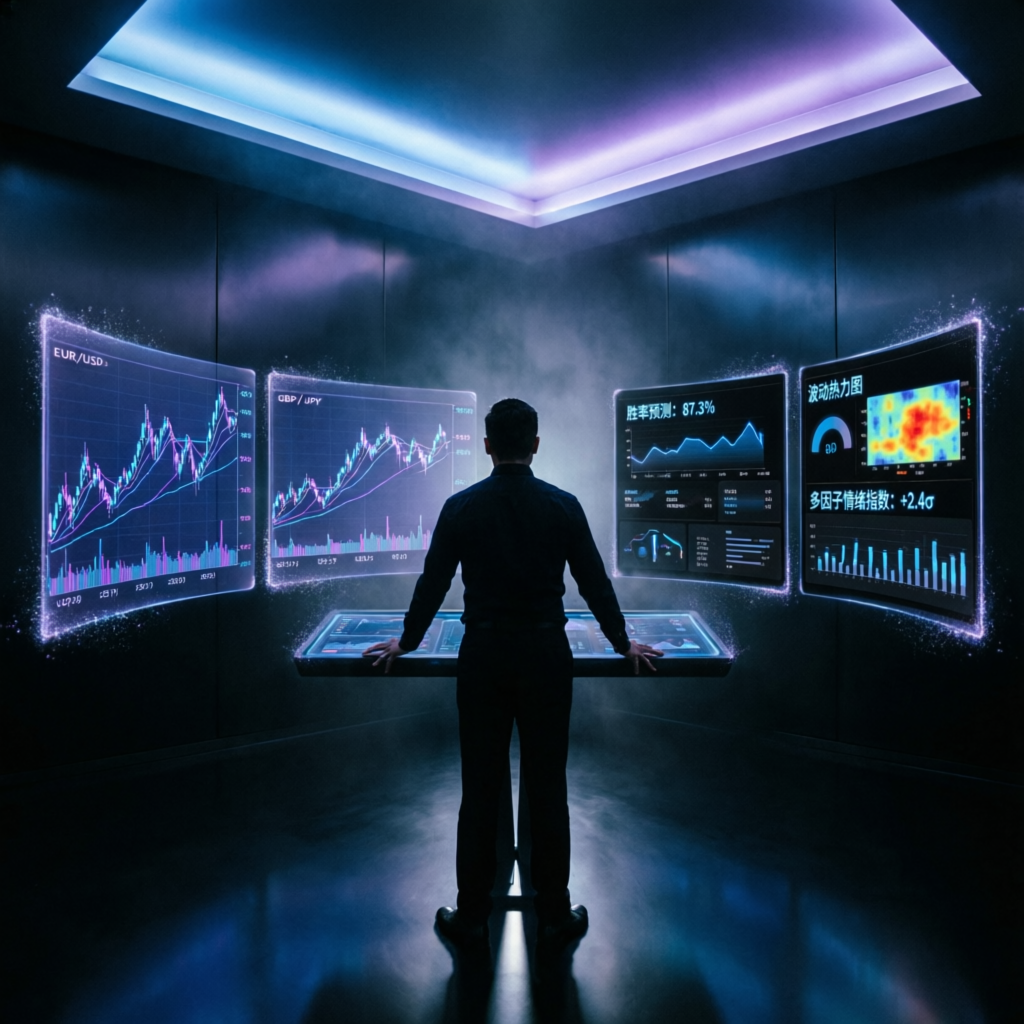 Futuristic trading command center with multiple holographic screens for Topstep prop firm analysis