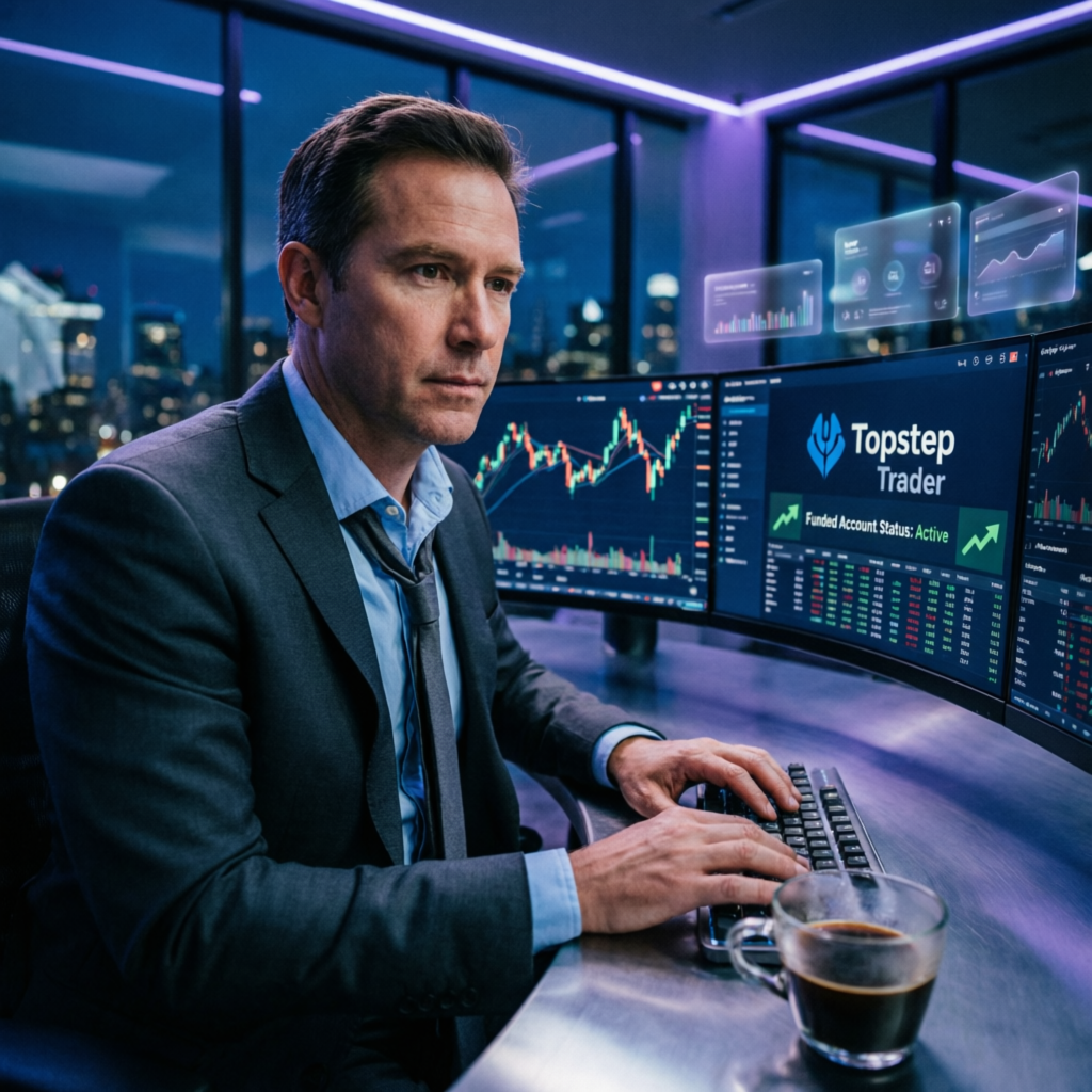 Professional forex trader using Topstep trading platform with multiple monitors