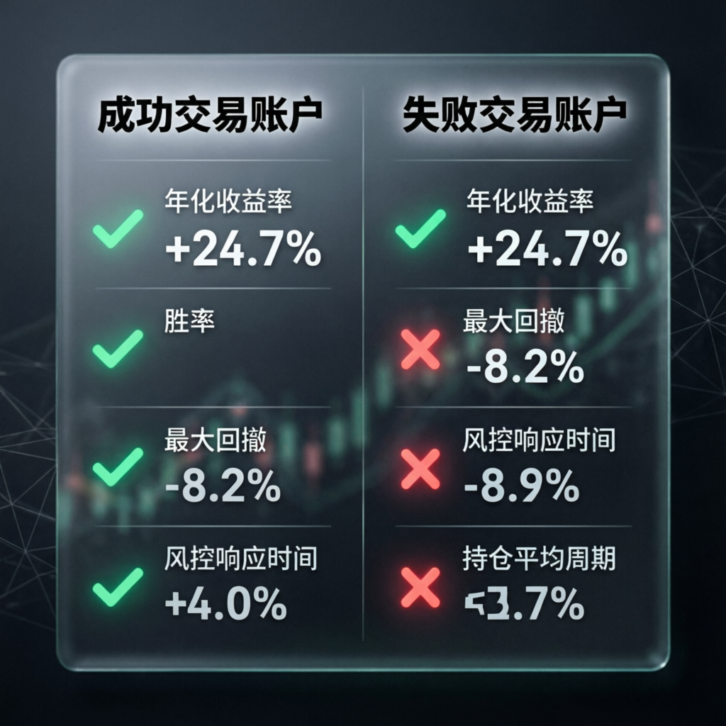 Comparison of successful vs failed trading accounts showing key performance metrics