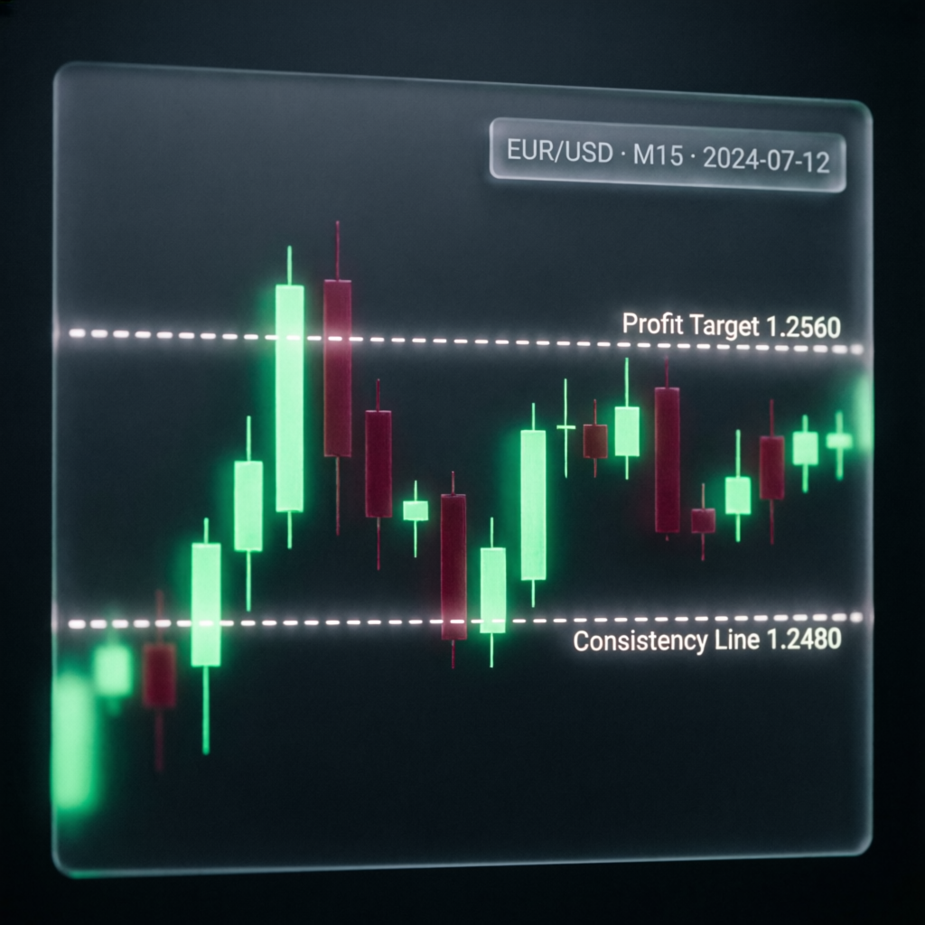 EUR/USD candlestick chart showing Profit Target and Consistency Line levels