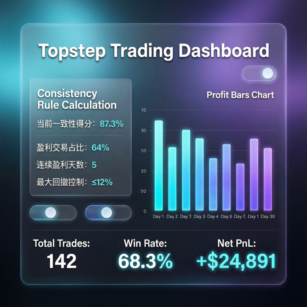 Topstep Trading Dashboard showing Consistency Rule Calculation and Profit Bars Chart