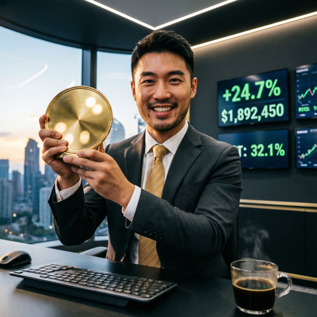 Successful funded trader celebrating achievement with profit screens showing gains
