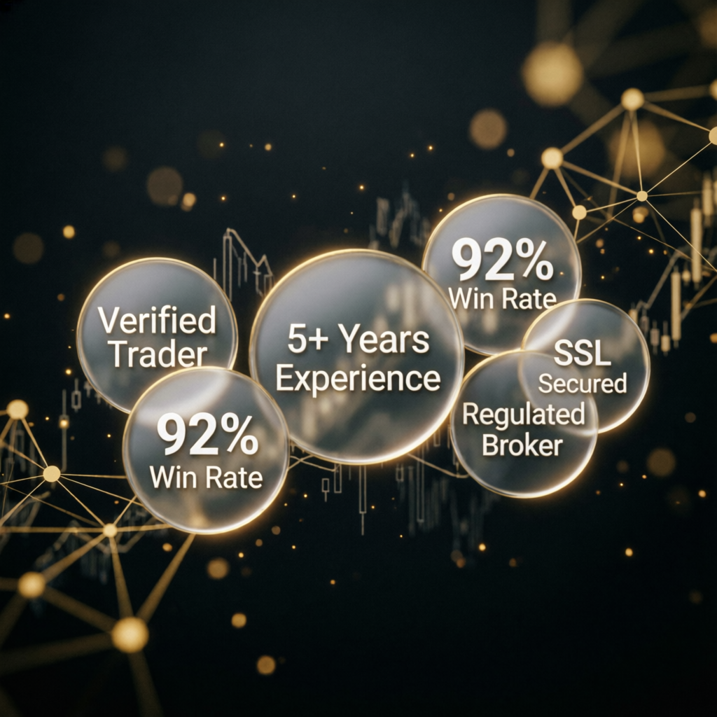 Trading community trust badges showing verified trader status and 92% win rate