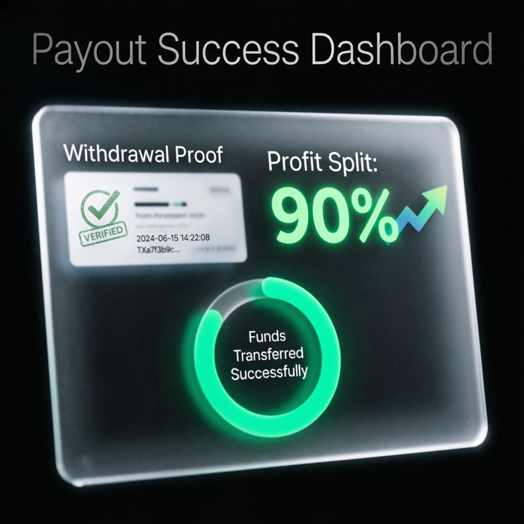 Payout success dashboard showing withdrawal proof and 90% profit split with verified transaction