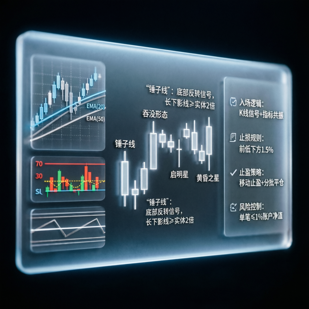 Trading strategy blueprint showing candlestick patterns and technical analysis indicators on glassmorphism interface