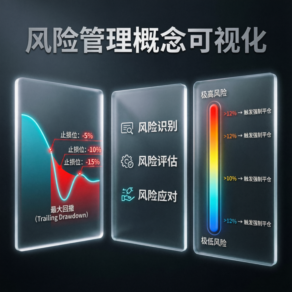 Risk management visualization showing trailing drawdown concept with stop loss levels and risk assessment panels