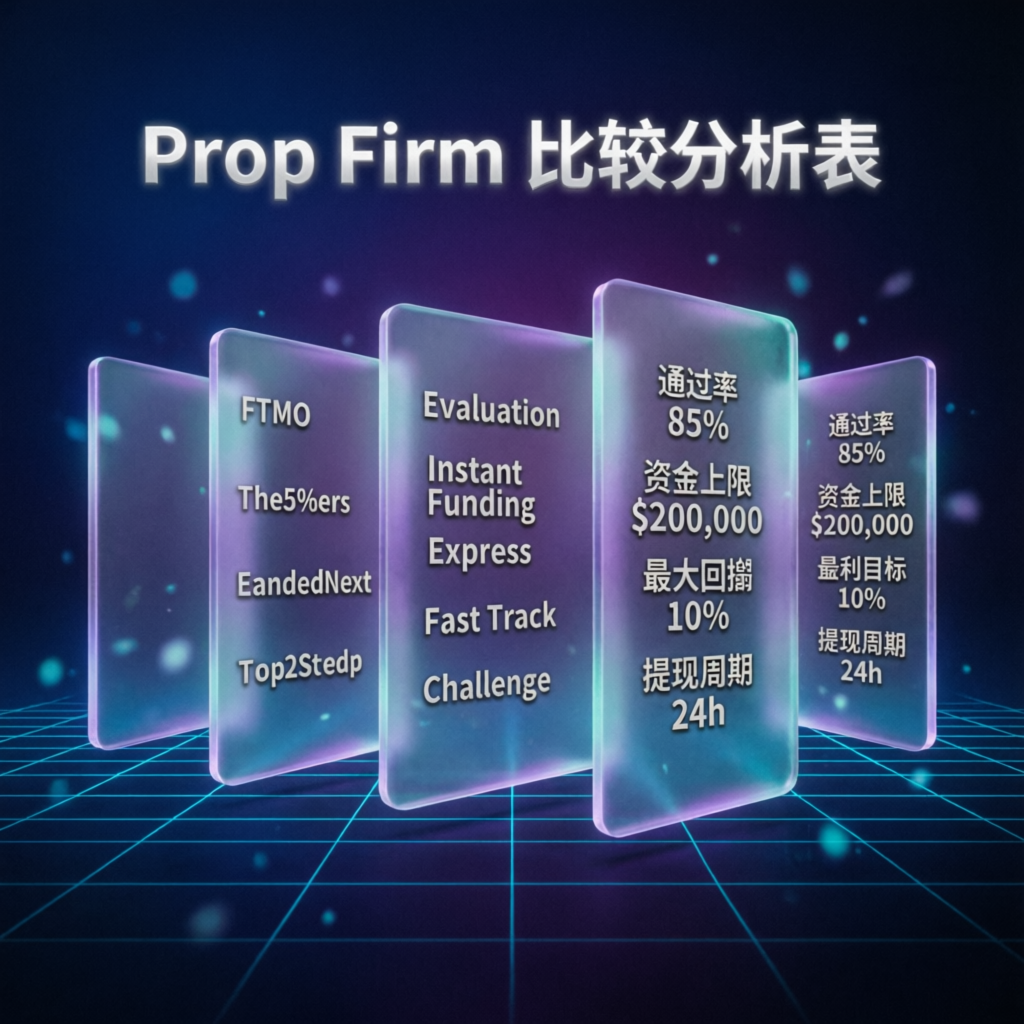 Prop firm comparison analysis showing multiple account cards with evaluation features and pass rates