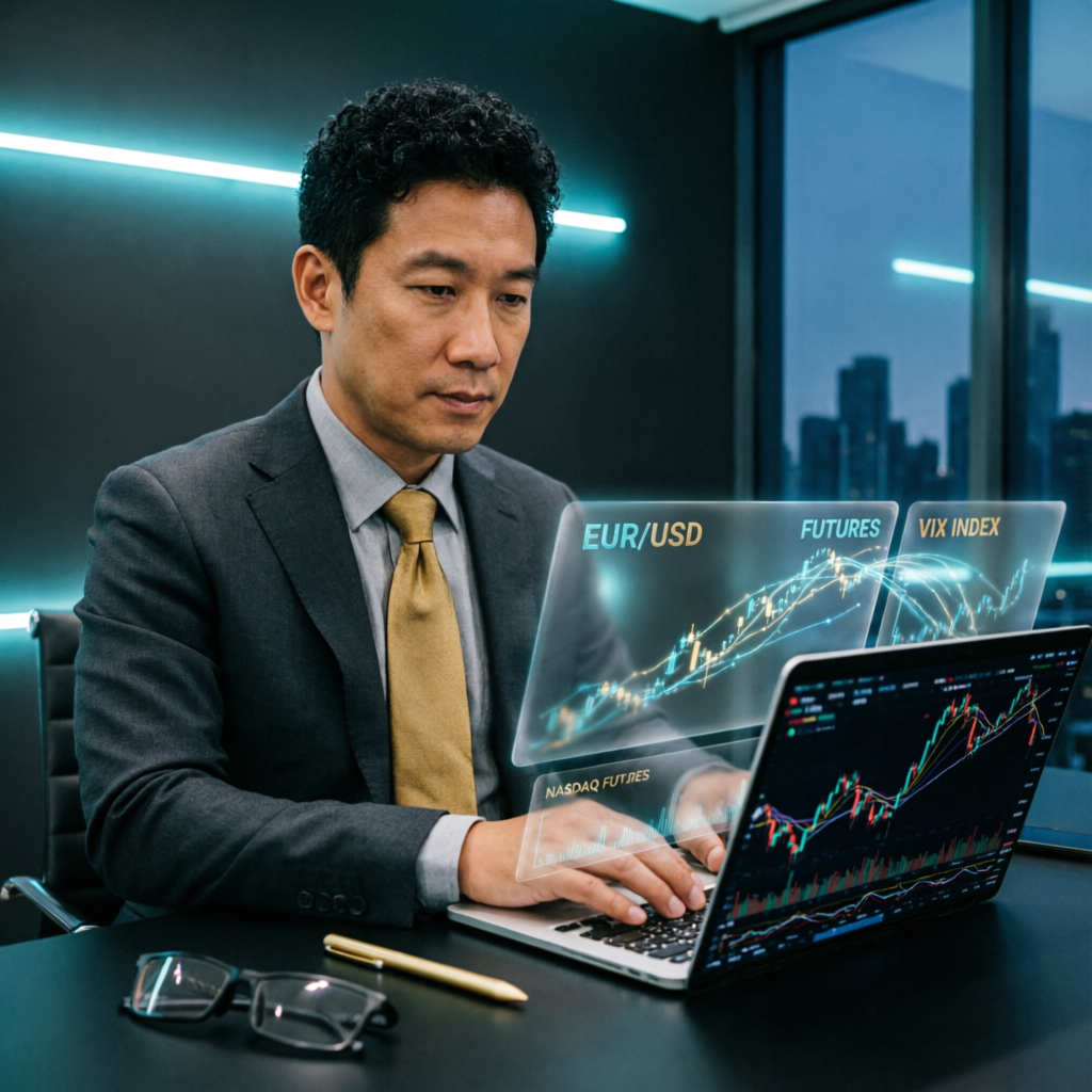 Professional forex trader analyzing futures market with holographic charts showing EUR/USD and Nasdaq Futures