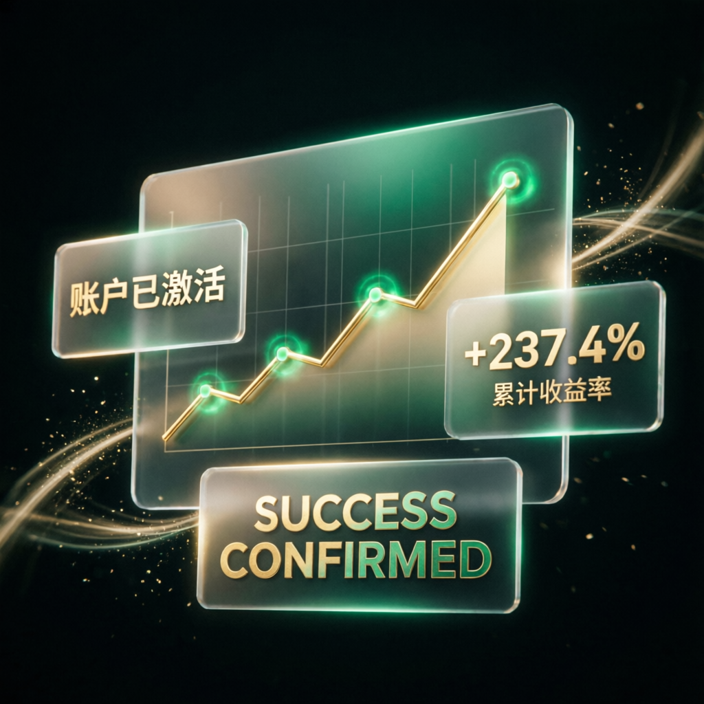 Funded trading account success showing profit growth chart with +237.4% cumulative returns
