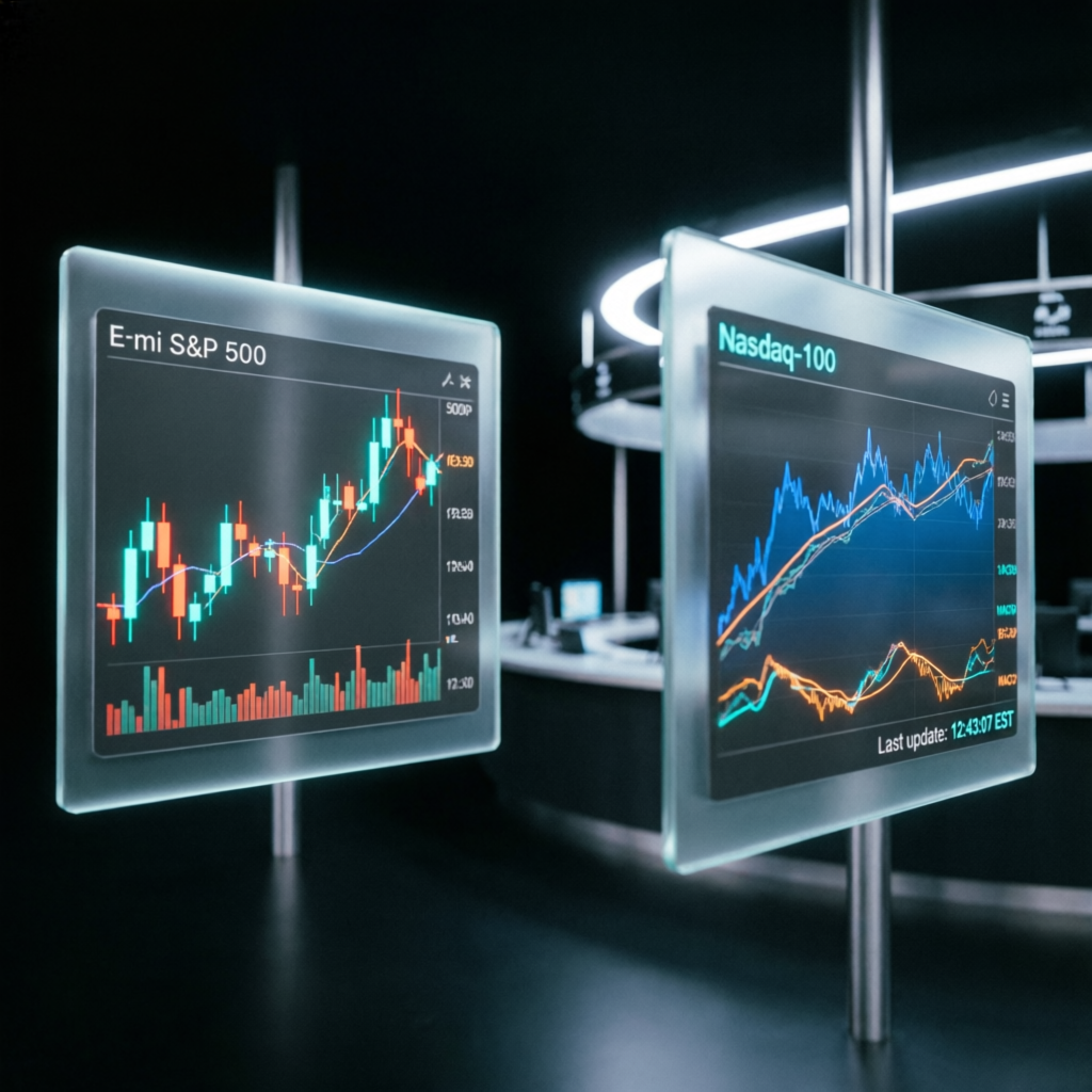 E-mini S&P 500 and Nasdaq-100 futures trading charts on glassmorphism displays