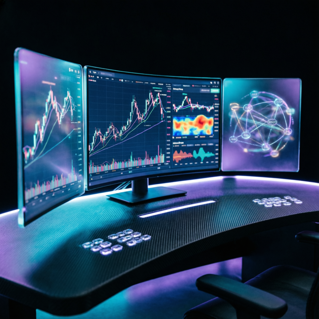 Professional Apex Trader Funding trading desk with multiple monitors showing futures charts and glassmorphism interface
