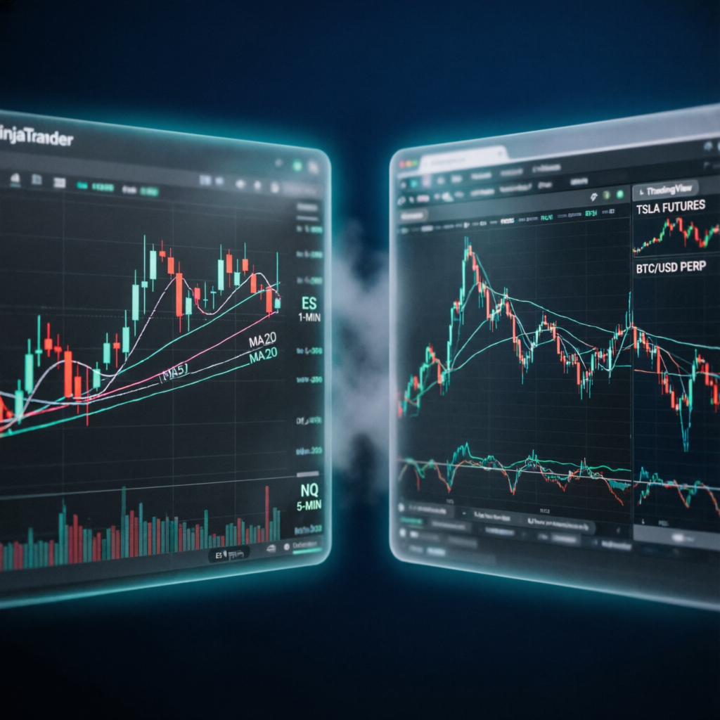 NinjaTrader and TradingView platforms showing futures trading charts with ES and NQ instruments