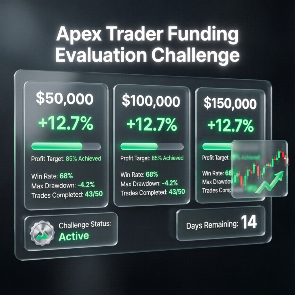 Apex Trader Funding evaluation challenge dashboard showing $50k $100k $150k account sizes with profit targets and metrics