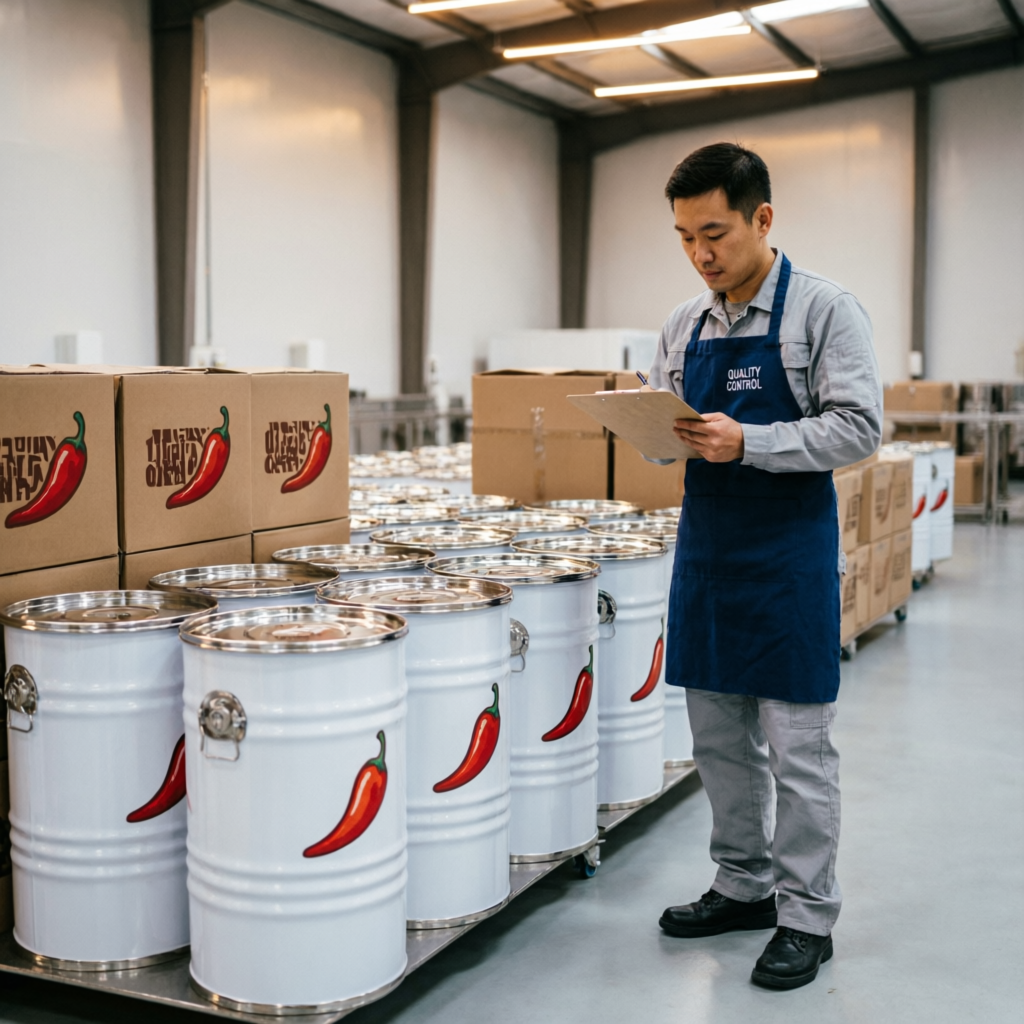 Bulk wholesale peri peri sauce drums and export cartons in supplier warehouse