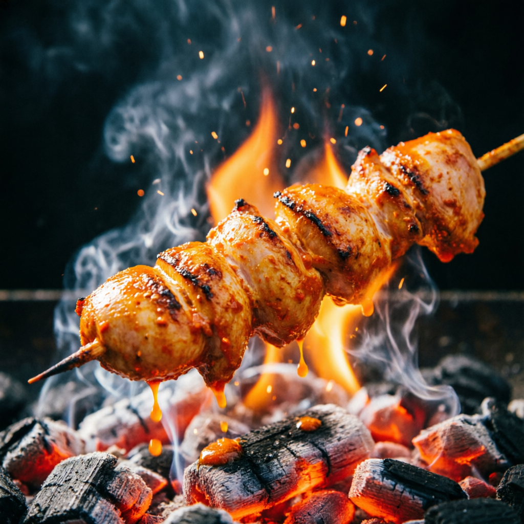 Smoked peri peri marinade glazing skewers over open flame