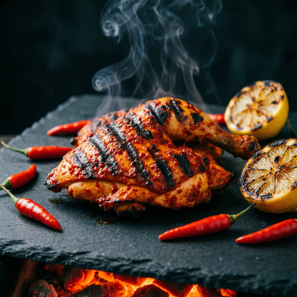 Flame-grilled peri peri chicken glazed with authentic peri peri sauce, charred lemon and African bird's eye chilies