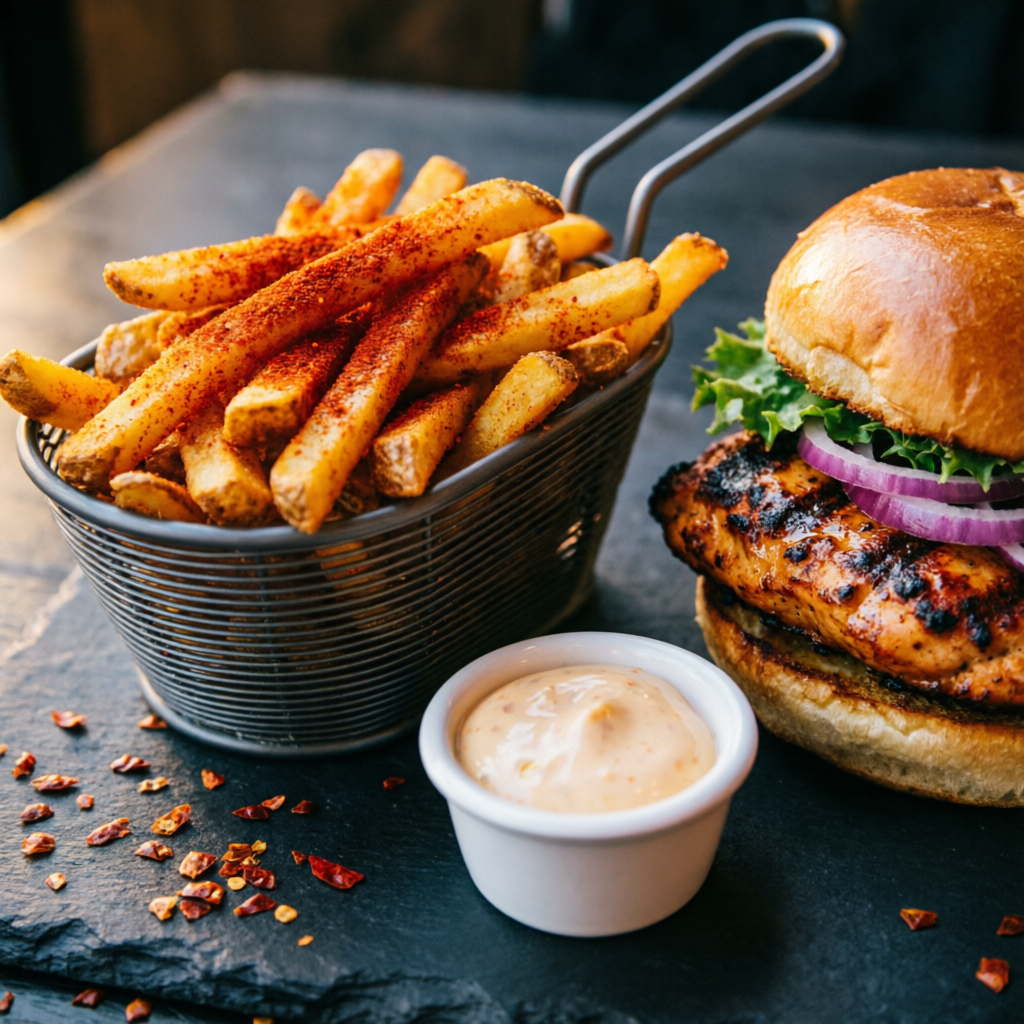 Peri peri seasoning dusted over fries and burger