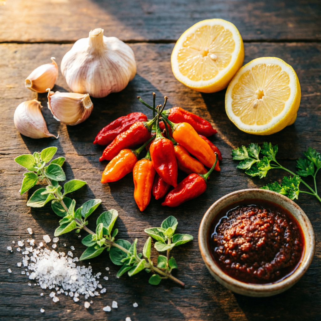 Garlic peri peri marinade ingredients with fresh garlic, lemon and bird's eye chilies