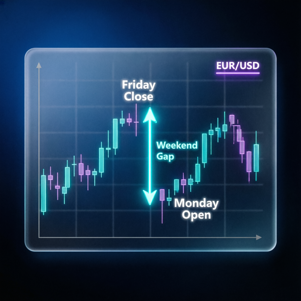 Weekend gap risk visualization showing Friday close to Monday open