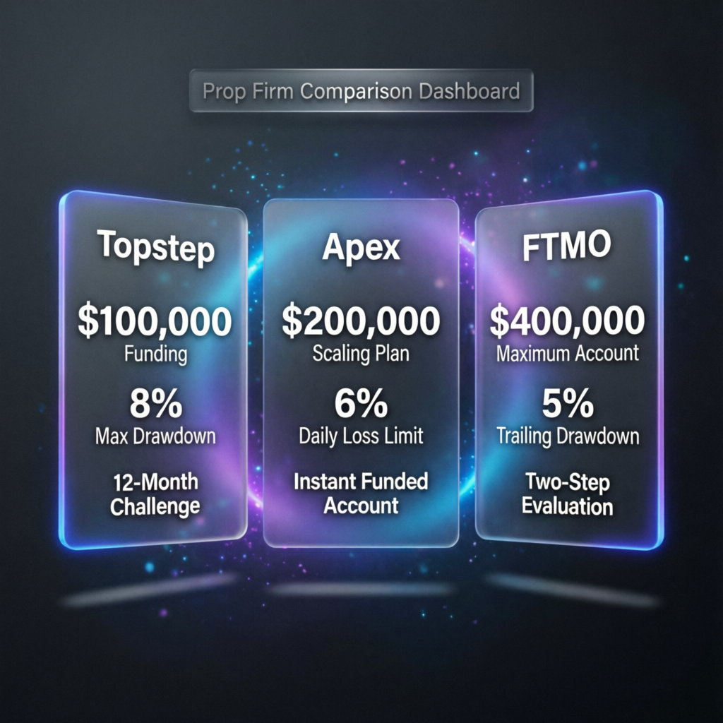 Prop firm comparison dashboard showing Topstep Apex FTMO