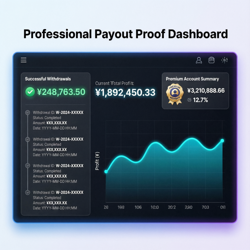 Professional payout proof dashboard showing successful withdrawals and profit statistics