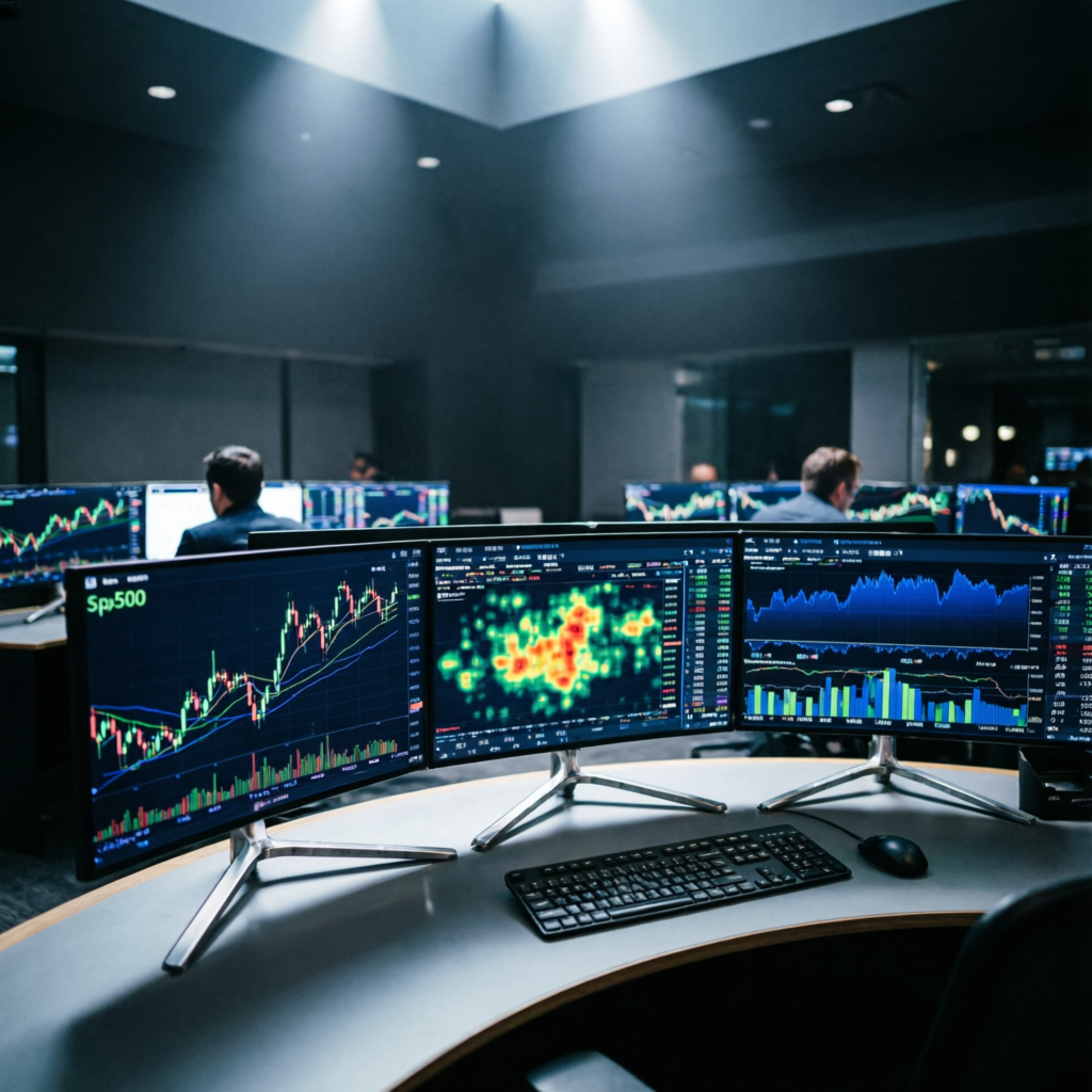 Professional trading floor with multiple monitors showing financial charts - Apex Trader Funding environment