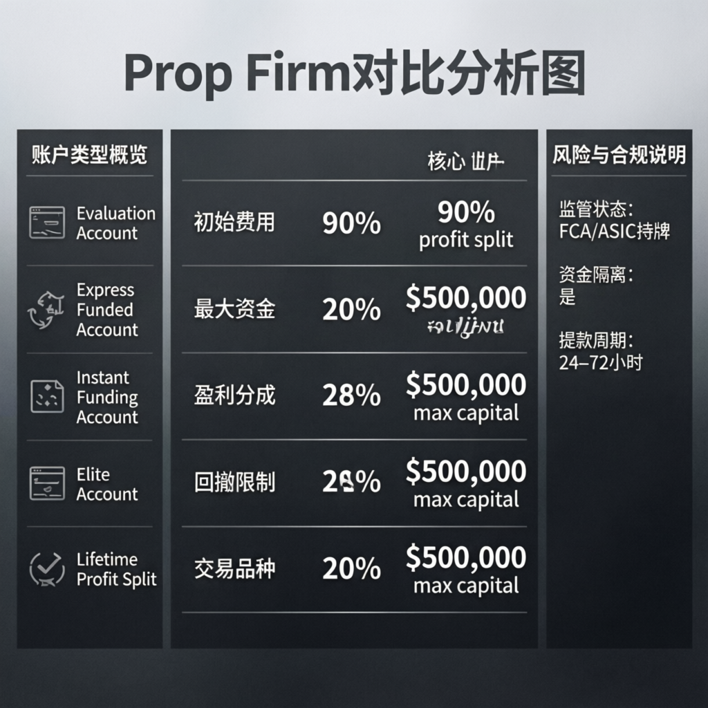 Prop firm comparison analysis showing different account types and features