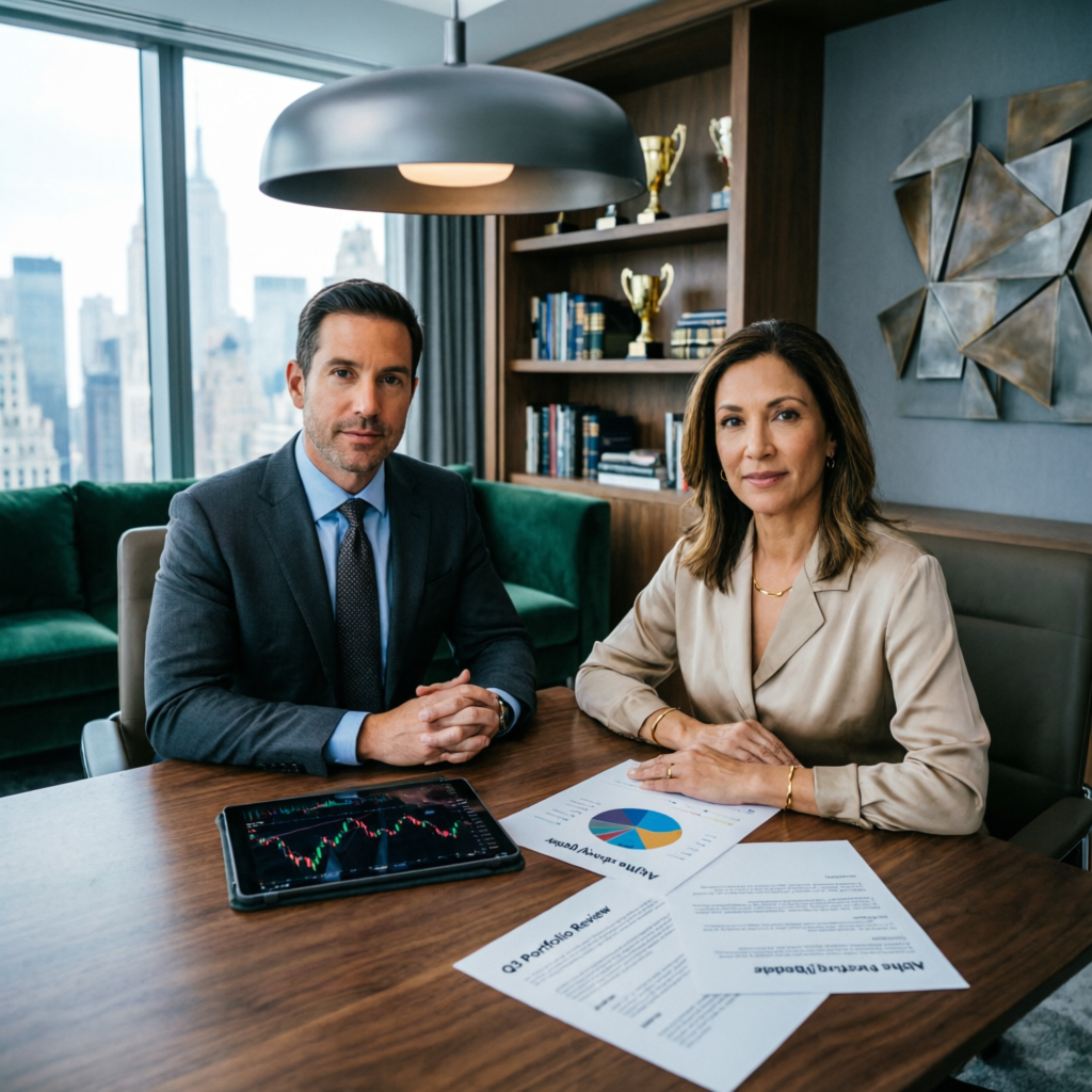 Professional financial consultation meeting between trader and advisor