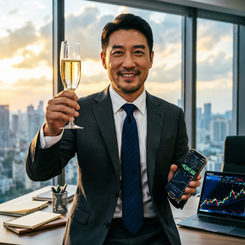 Successful trader celebrating profitable trade with champagne