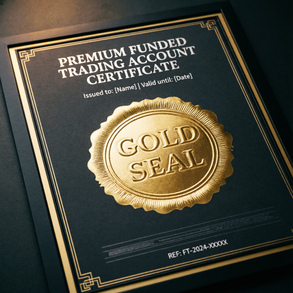 Premium funded trading account certificate with gold seal representing successful Apex evaluation