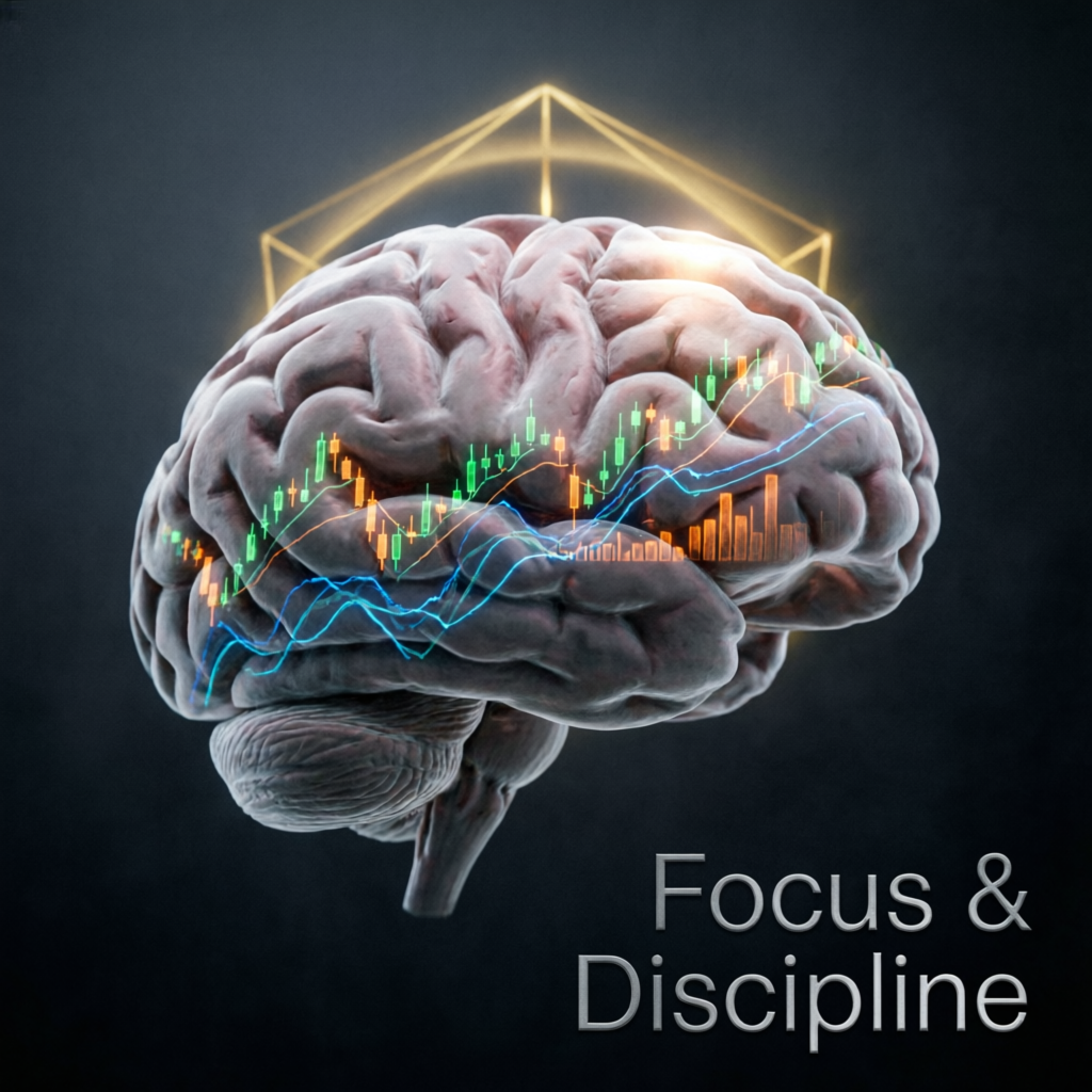 Trading psychology concept showing focus and discipline with financial charts overlay on brain