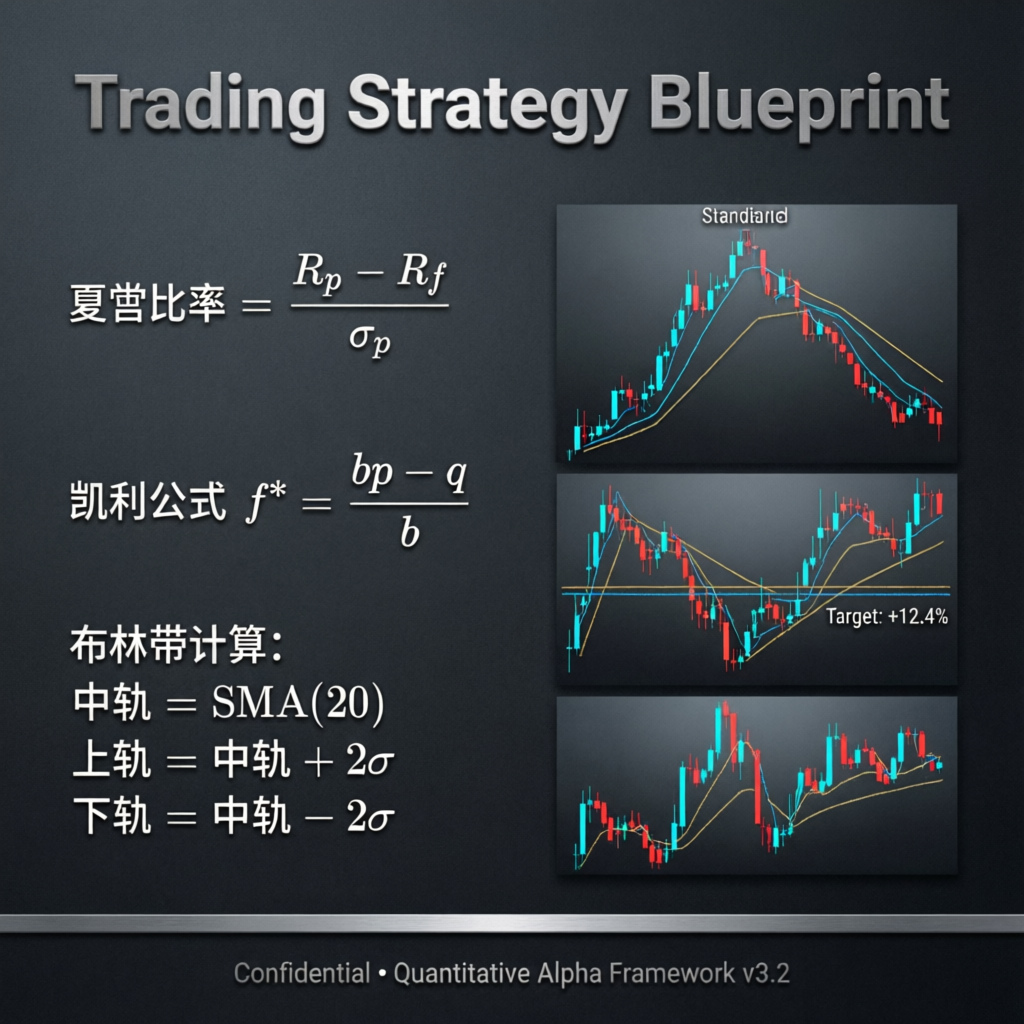 Trading strategy blueprint with mathematical formulas and chart patterns for consistent profits