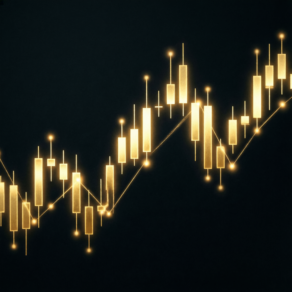 Golden candlestick chart showing consistent trading pattern for Apex consistency rule compliance