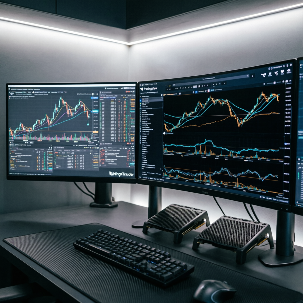 Professional trading setup with NinjaTrader and TradingView platforms on multiple monitors