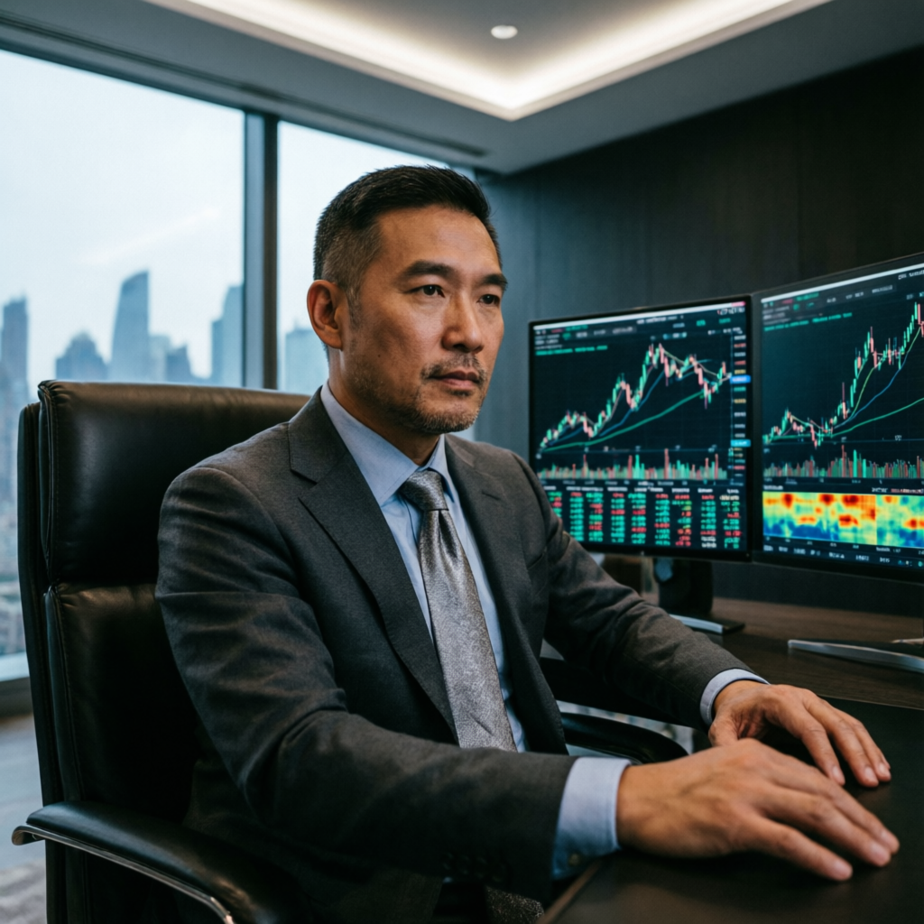Professional forex trader analyzing Apex Trader Funding charts on multiple monitors