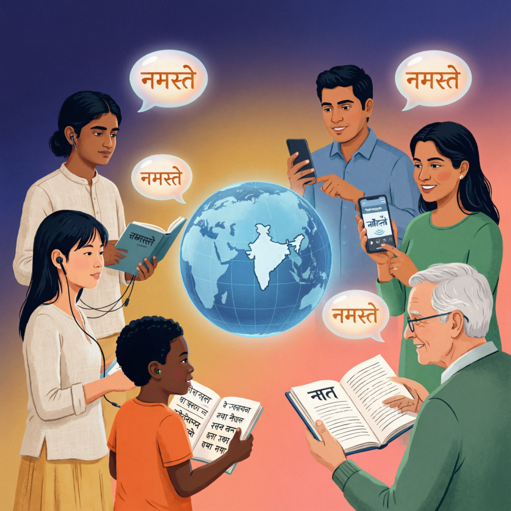 People from around the world learning Hindi online - diverse learners using books, phones, and audio to study Hindi language