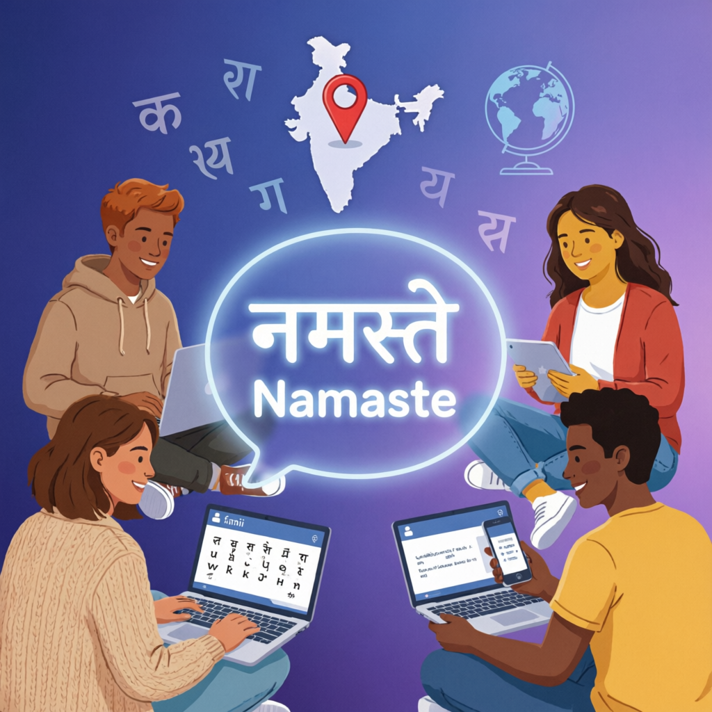 Diverse international students learning Hindi online together - people from around the world using laptops and tablets to study Hindi language with Namaste text displayed