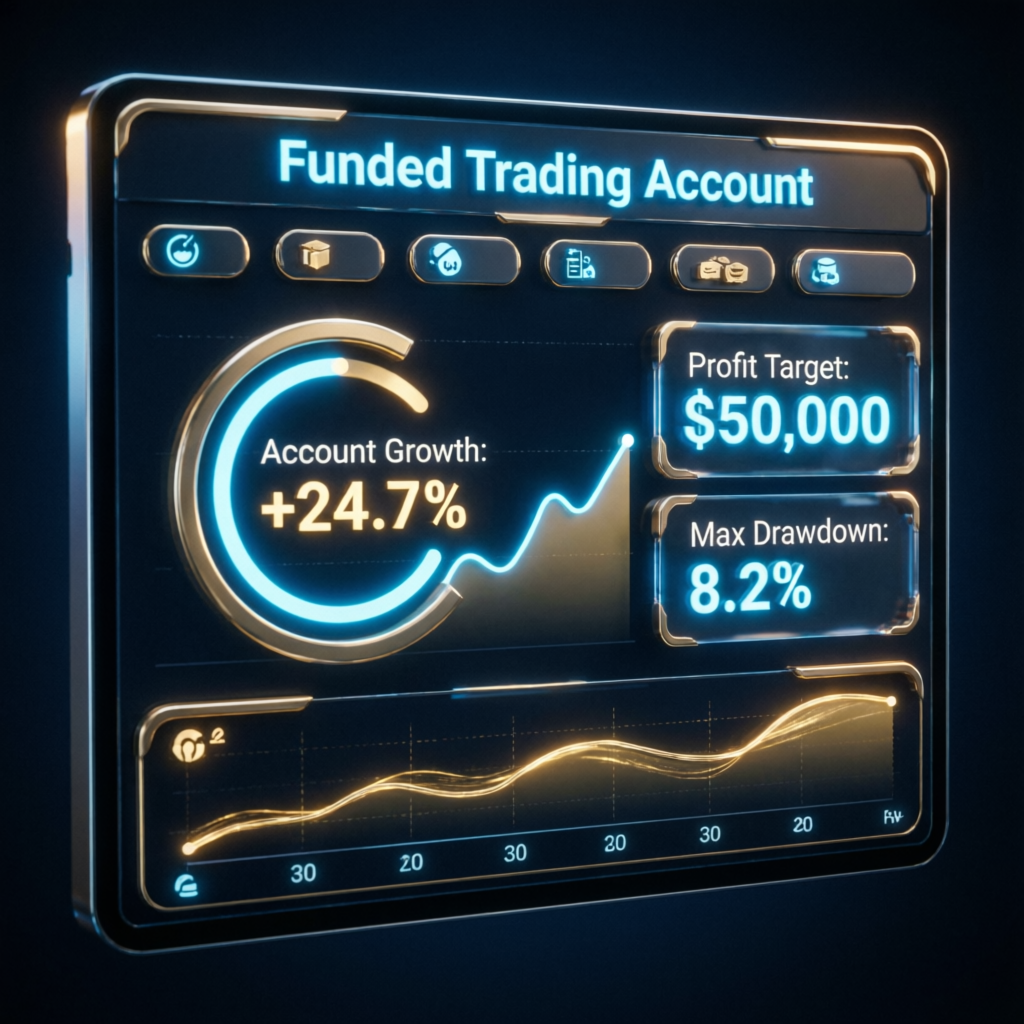 Funded Trading Account dashboard showing profit targets, drawdown levels, and account growth metrics