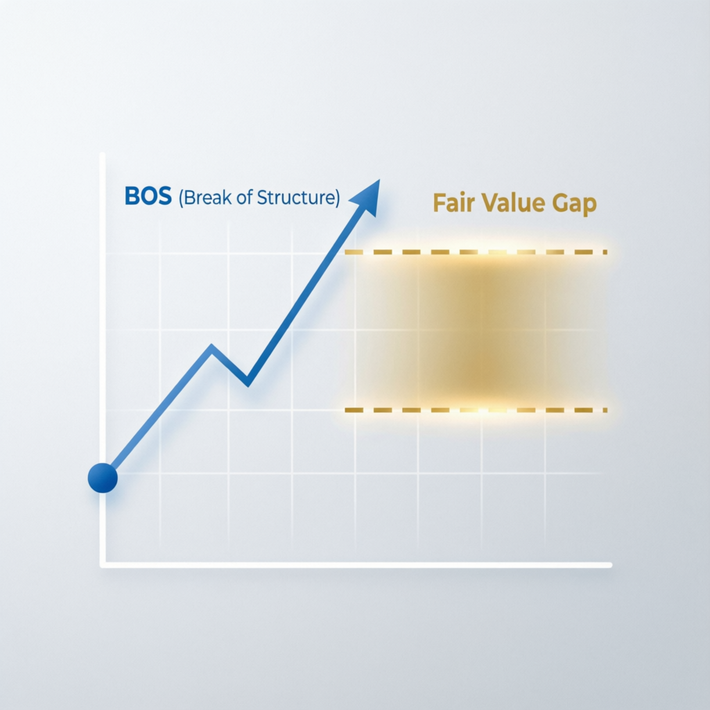 BOS Break of Structure and Fair Value Gap trading concepts illustrated on a chart