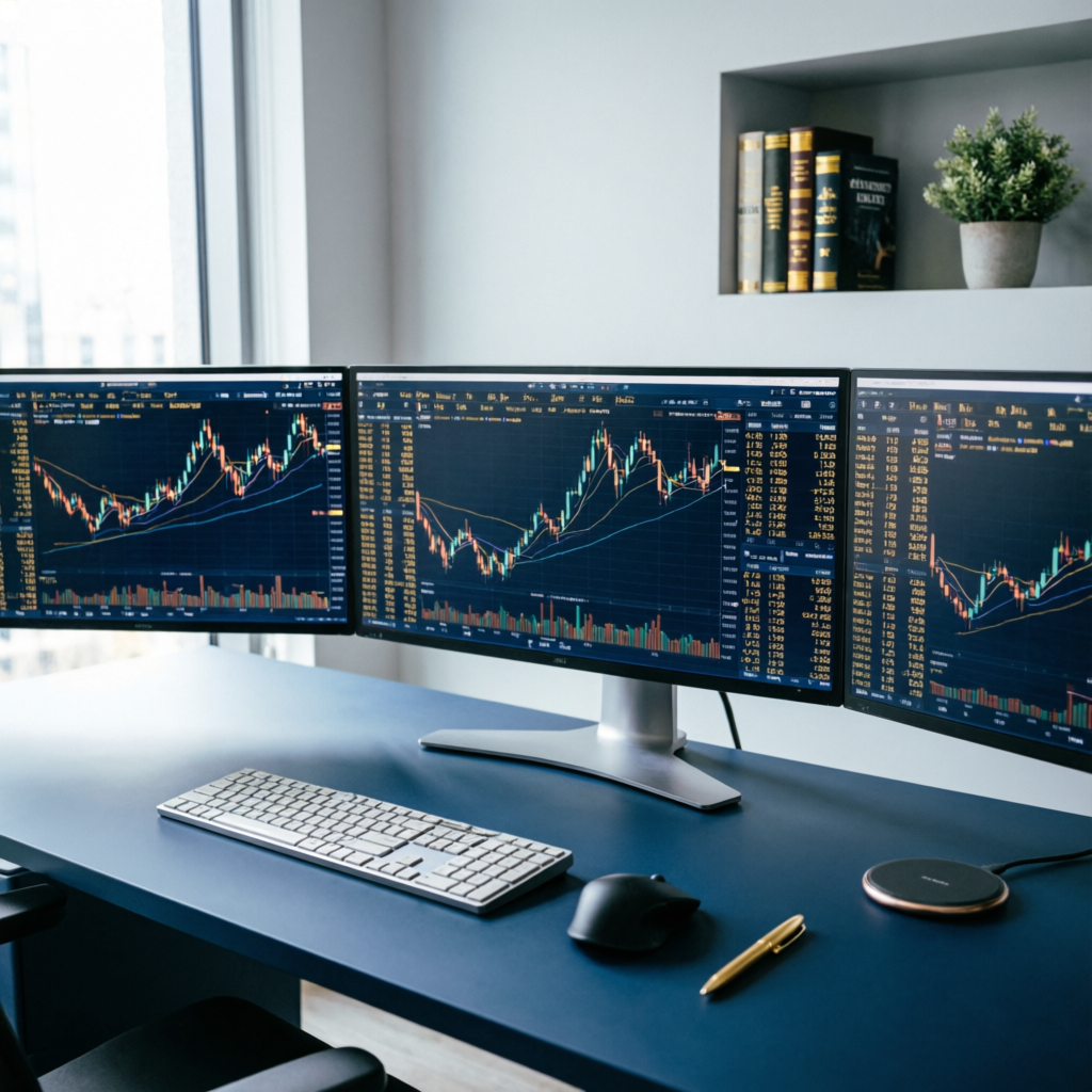 Professional forex trading desk setup with multiple monitors displaying charts