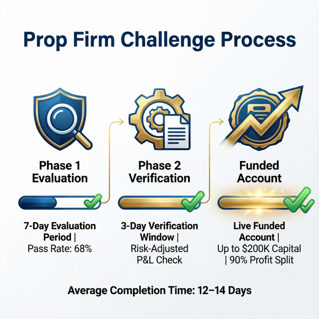 Prop Firm Challenge Process infographic showing Phase 1, Phase 2, and Funded Account stages