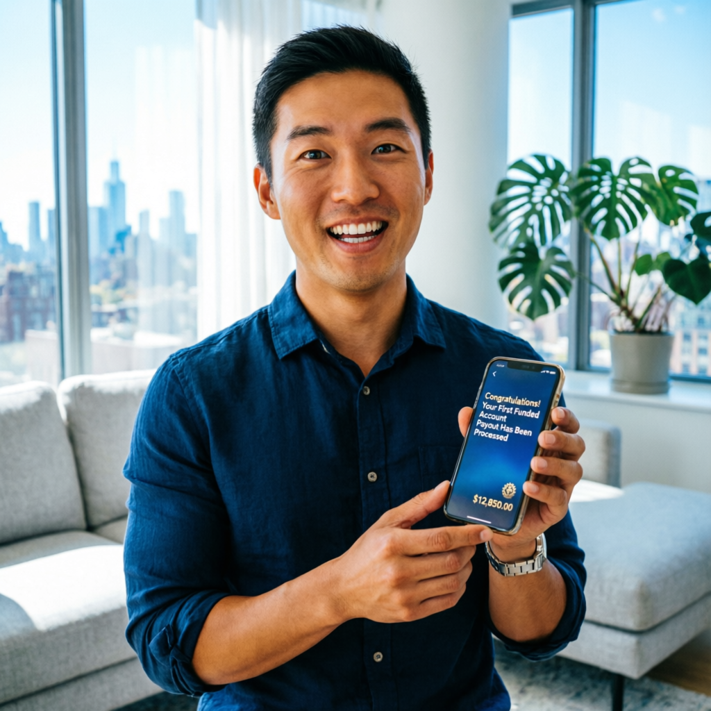 Trader receiving funded account payout notification on smartphone