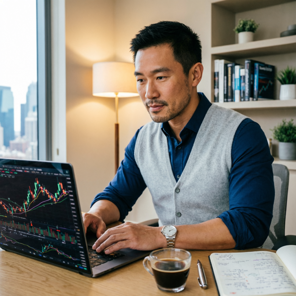Professional trader analyzing forex charts on laptop