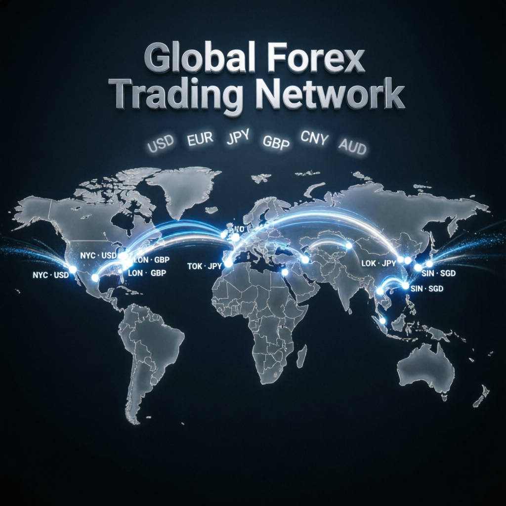 Global forex trading network world map with currency connections